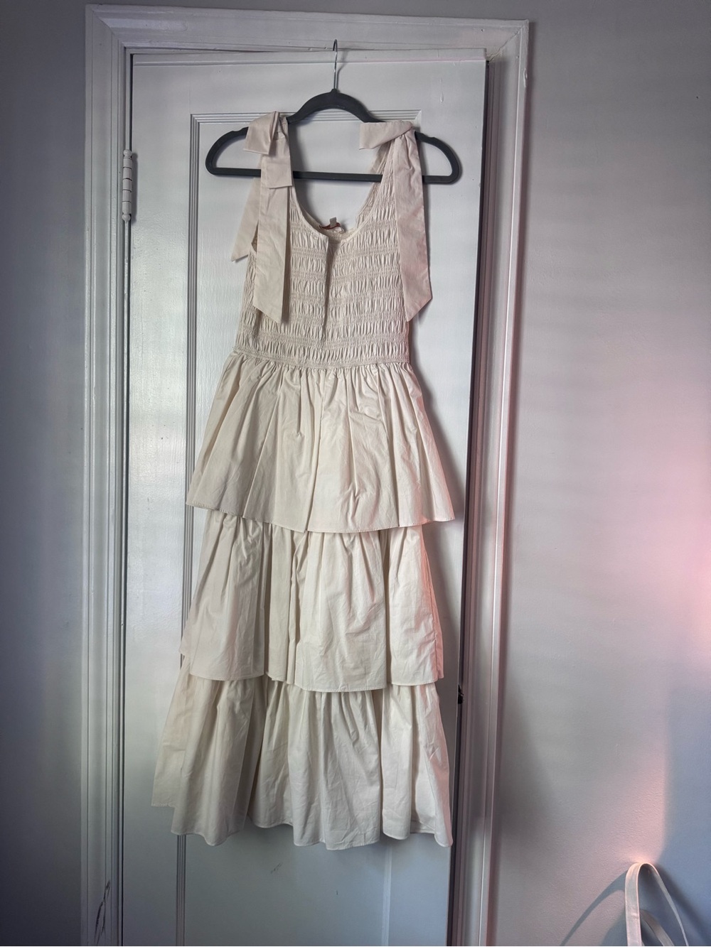Women’s Cream Tiered Smocked Midi Dress with Tie Straps NEW WITH TAGS